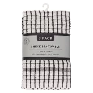 B&M Check Tea Towels - Black 3pk 3 B&M Check Tea Towels - Black 3pk