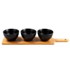 B&M Wooden Serve Board With Black Dip Bowls