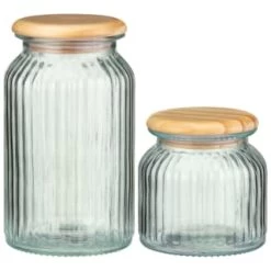 B&M Small Ribbed Glass Jar With Wooden Lid -Kitchen Supplies Store 394426 394427 ribbed glass jar with wooden lid group 1
