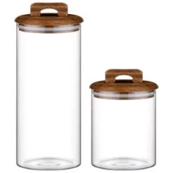 B&M Large Glass Jar With Acacia Wood Lid -Kitchen Supplies Store 394438 394439 glass canister with acacia wood group